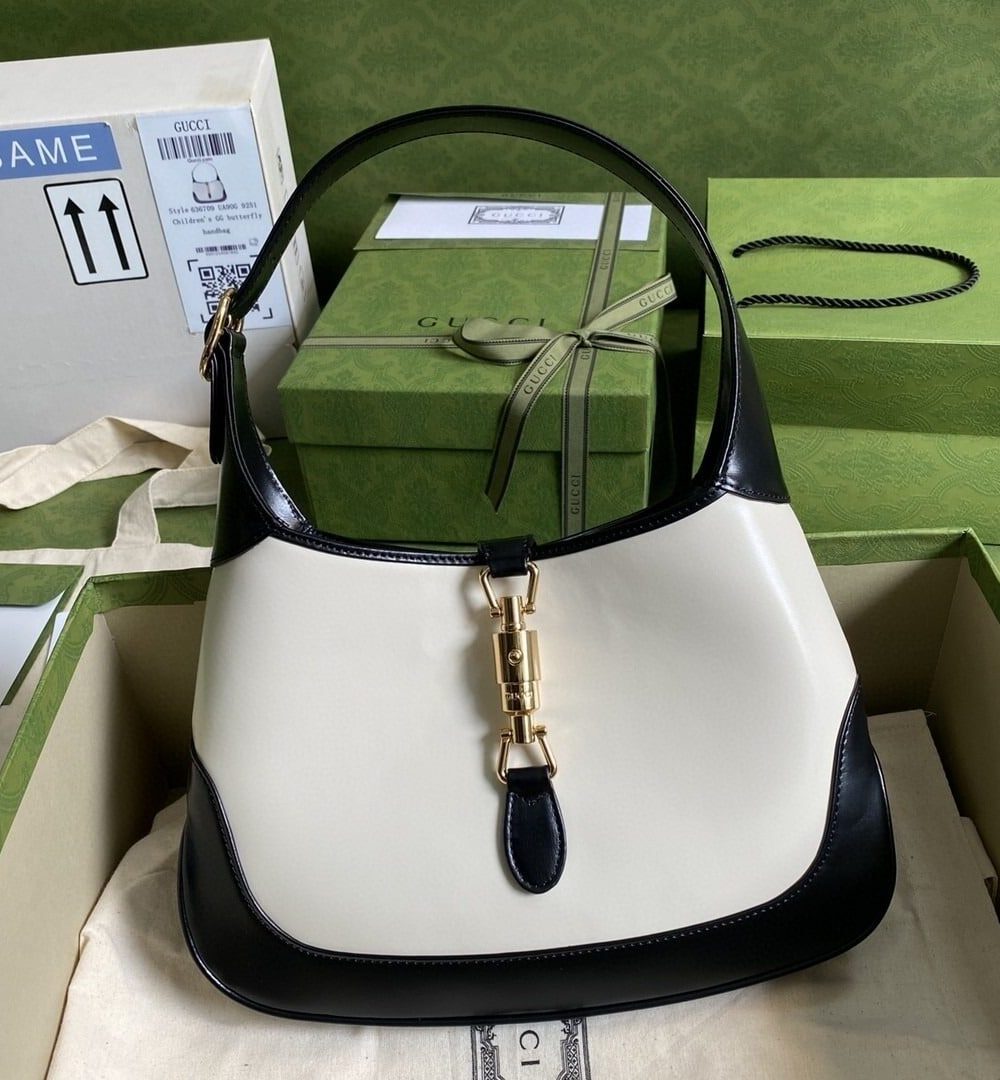 1:1 Replica Gucci Jackie 1961 Small Shoulder Bag White With Black 11in/28cm 636706 10OBG 9099
