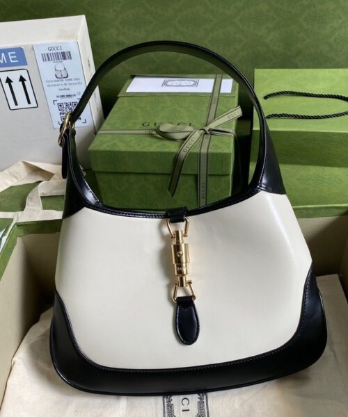 1:1 Replica Gucci Jackie 1961 Small Shoulder Bag White With Black 11in/28cm 636706 10OBG 9099