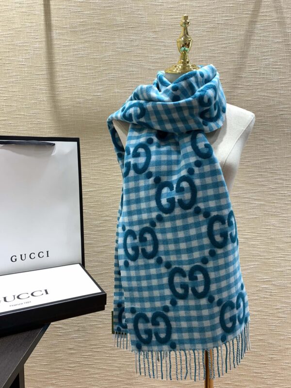 Gucci Jacquard Wool Scarf  Blue and Ivory Scarf 220cm/86.7in 