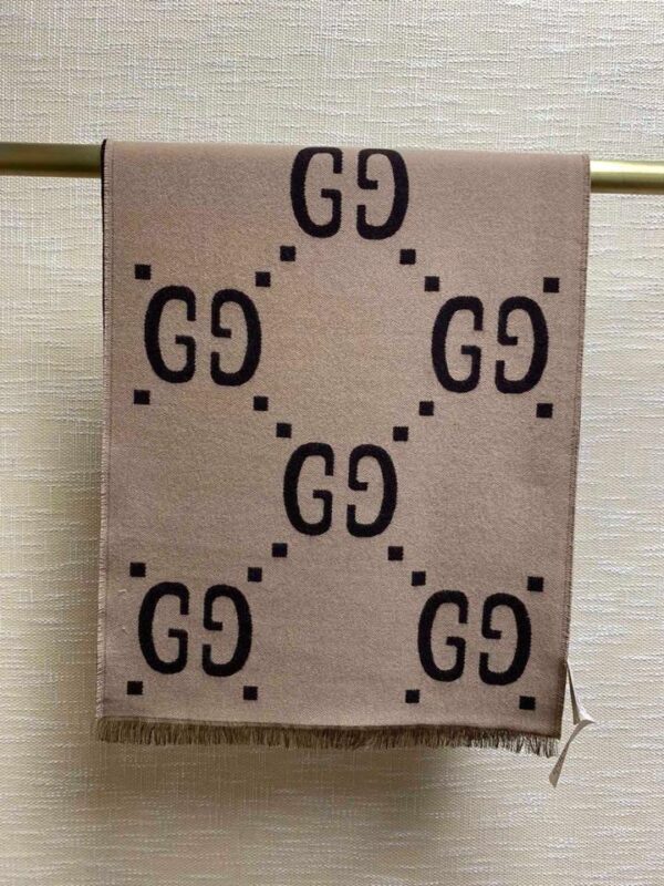 Gucci Jacquard Wool Silk Monogram Brown/ Beige Scarf 180cm/71in 