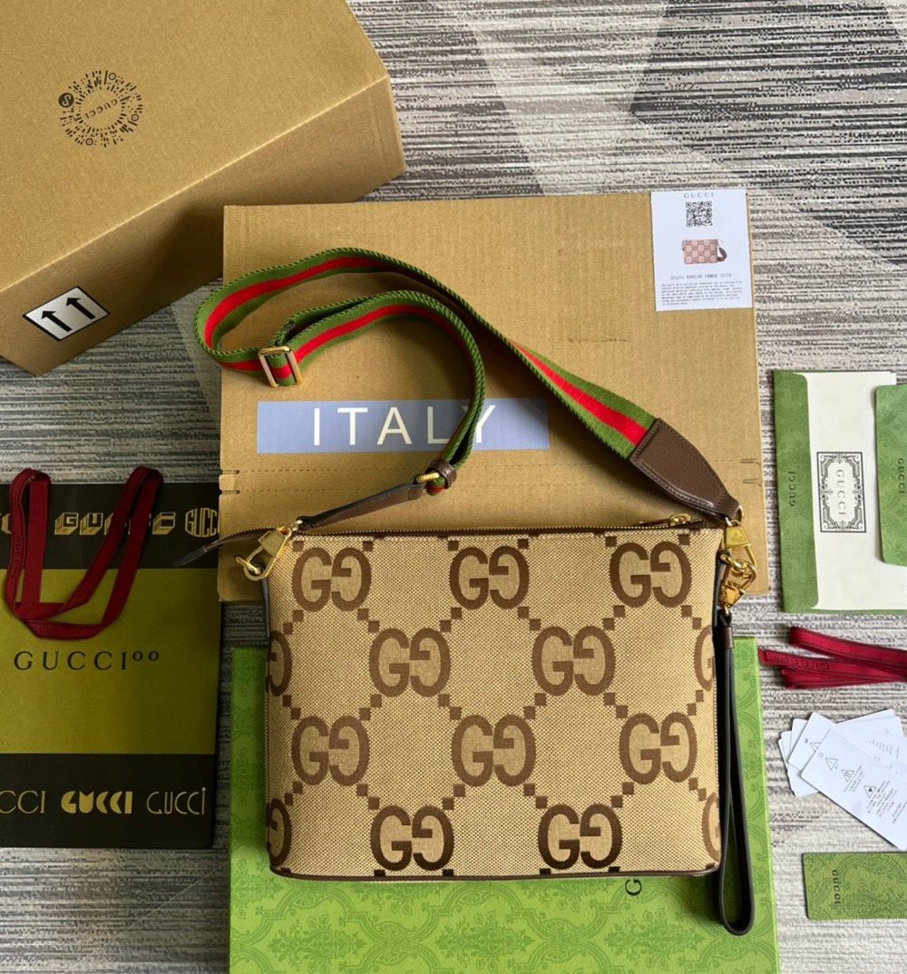 1:1 Replica Gucci Jumbo GG Messenger Bag Camel And Ebony Jumbo GG Canvas For Women  9.6in/24.5cm GG 703468 92THF 1000