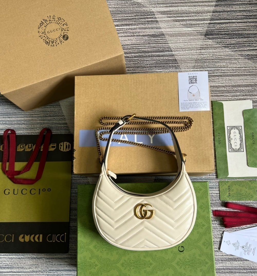 1:1 Replica Gucci Marmont Half Moon Shaped Mini Bag White For Women, Women's Bags 8.5in/22cm GG ‎699514 DTDHT 9022