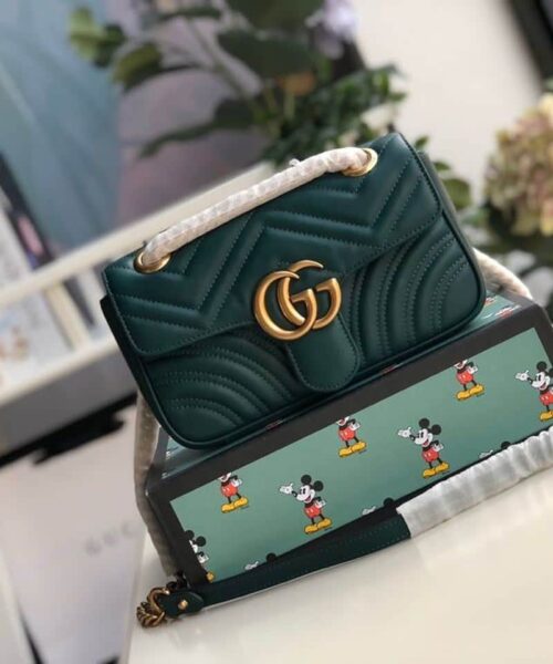 1:1 Replica Gucci Marmont Matelassé Mini Bag Green Matelassé Chevron For Women 8.5in/22cm GG 446744