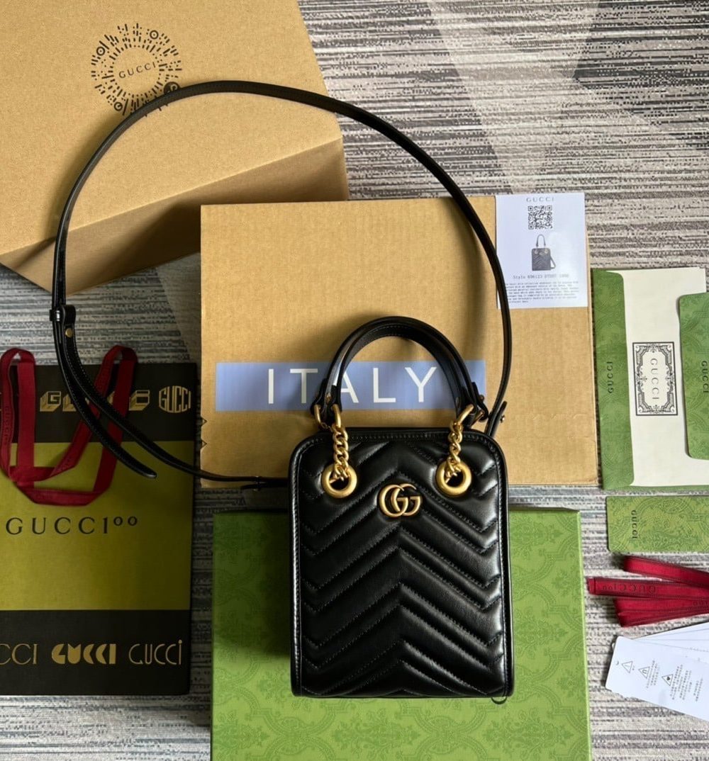 1:1 Replica Gucci Marmont Matelasse Mini Bag Black For Women, Women's Bags 7.5in/19cm GG ‎696123 DTDHT 1000