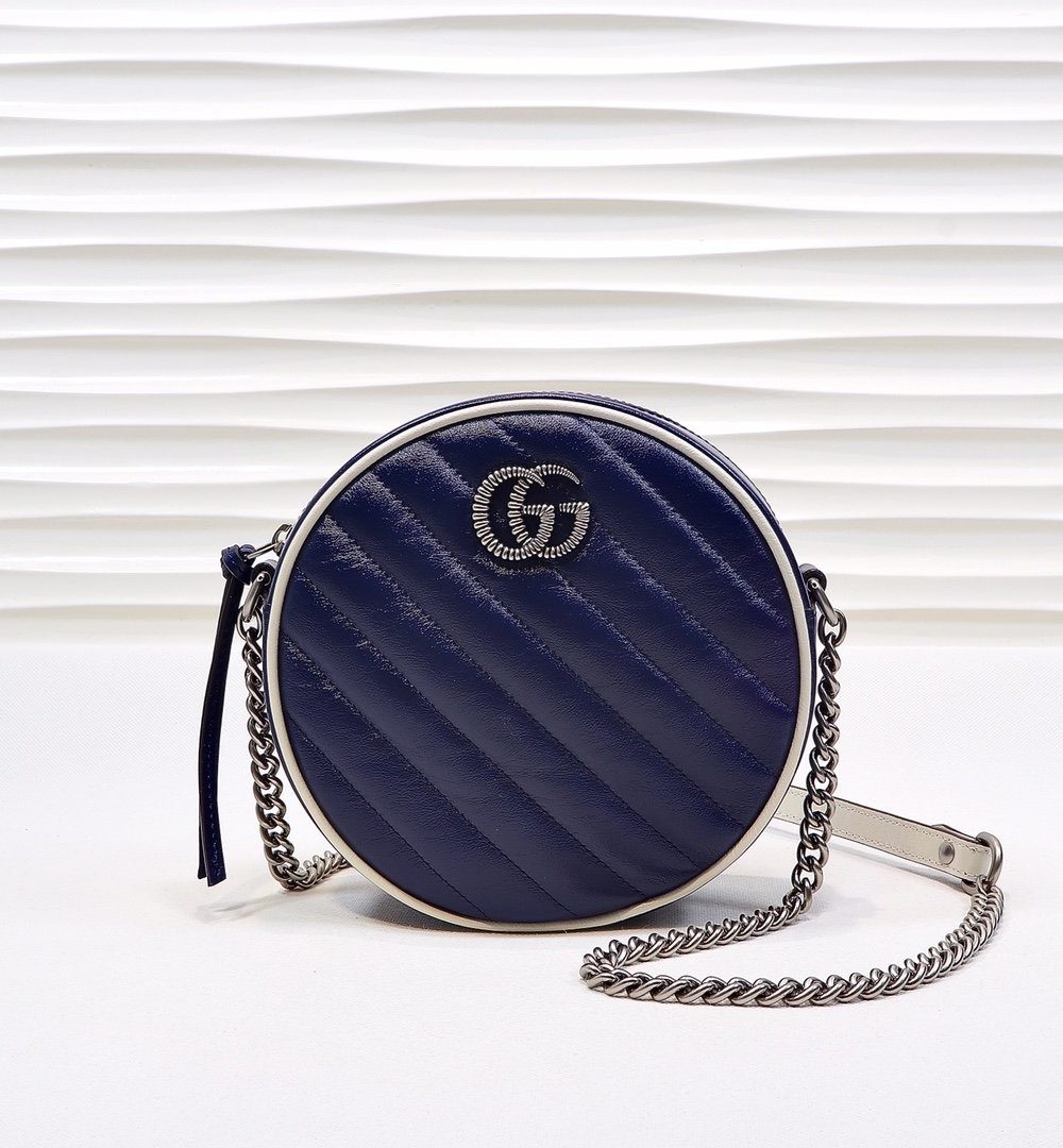 1:1 Replica Gucci Marmont Mini Round Shoulder Bag Blue For Women 7in/18cm GG