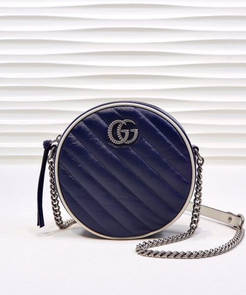 1:1 Replica Gucci Marmont Mini Round Shoulder Bag Blue For Women 7in/18cm GG