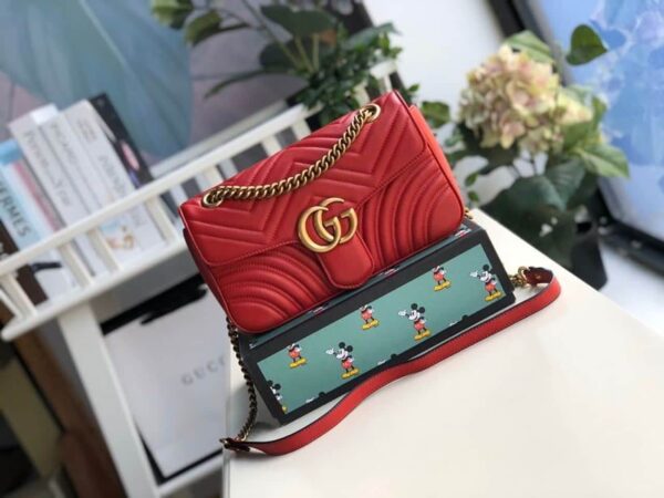 1:1 Replica Gucci Marmont Small Matelassé Shoulder Bag Hibiscus Red Matelassé Chevron For Women 10in/26cm  GG 443497 DTDIT 6433