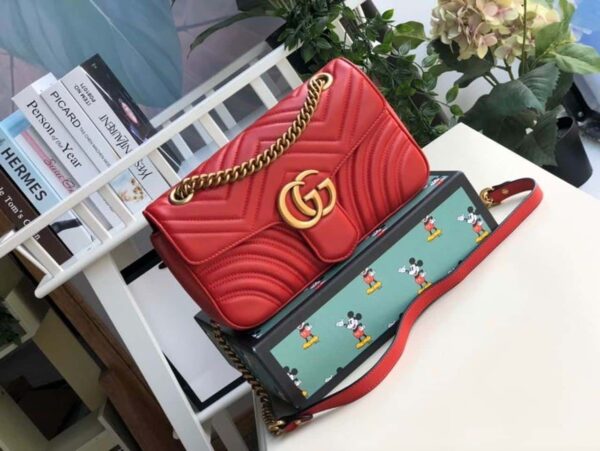 1:1 Replica Gucci Marmont Small Matelassé Shoulder Bag Hibiscus Red Matelassé Chevron For Women 10in/26cm  GG 443497 DTDIT 6433