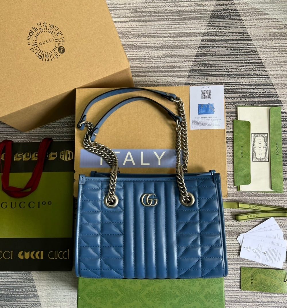 1:1 Replica Gucci Marmont Small Matelasse Tote Blue For Women, Women's Bags 26.5 in/10.4cm GG ‎‎675796 UM8BF 4340