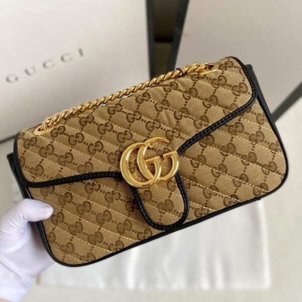 1:1 Replica Gucci Marmont Small Shoulder Bag Beige/Ebony Diagonal Matelassé Original GG Canvas For Women 10in/26cm 443497 HVKEG 9772