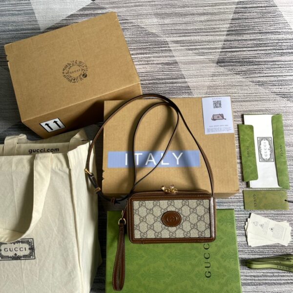 1:1 Replica Gucci Mini Bag With Interlocking G Beige And Ebony GG Supreme Canvas And Brown For Women 9in/23cm GG