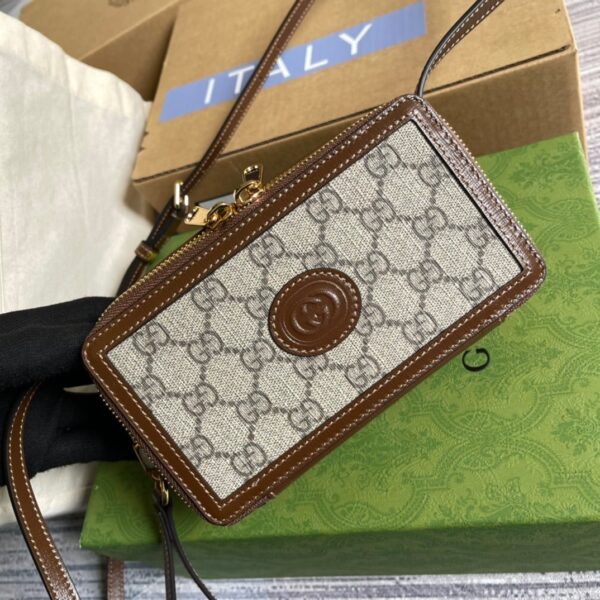 1:1 Replica Gucci Mini Bag With Interlocking G Beige And Ebony GG Supreme Canvas And Brown For Women 9in/23cm GG