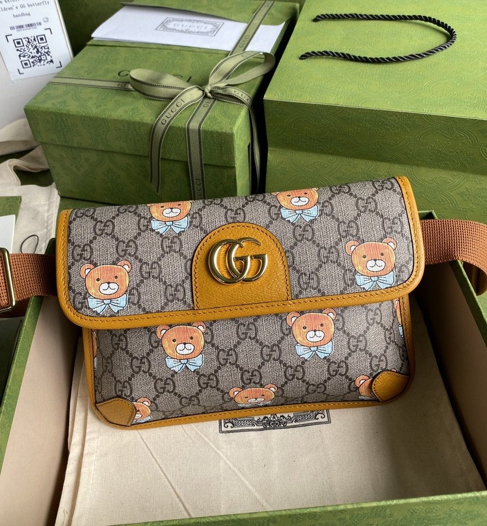 1:1 Replica Gucci Ophidia Belt Bag Beige And Orange GG Supreme Canvas For Women 8.7in/22cm GG 