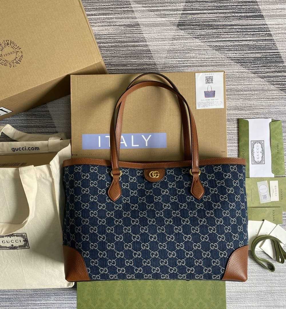 1:1 Replica Gucci Ophidia GG Medium Tote Dark Blue And Ivory Eco Washed Organic GG Jacquard Denim For Women 15in/38cm GG 631685 2KQGG 8375