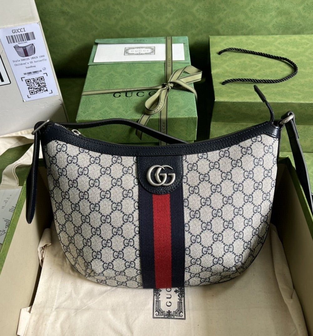 1:1 Replica Gucci Ophidia GG Small Shoulder Bag Beige And Blue GG Supreme Canvas For Women 12in/30cm 598125 2ZGMN 4076