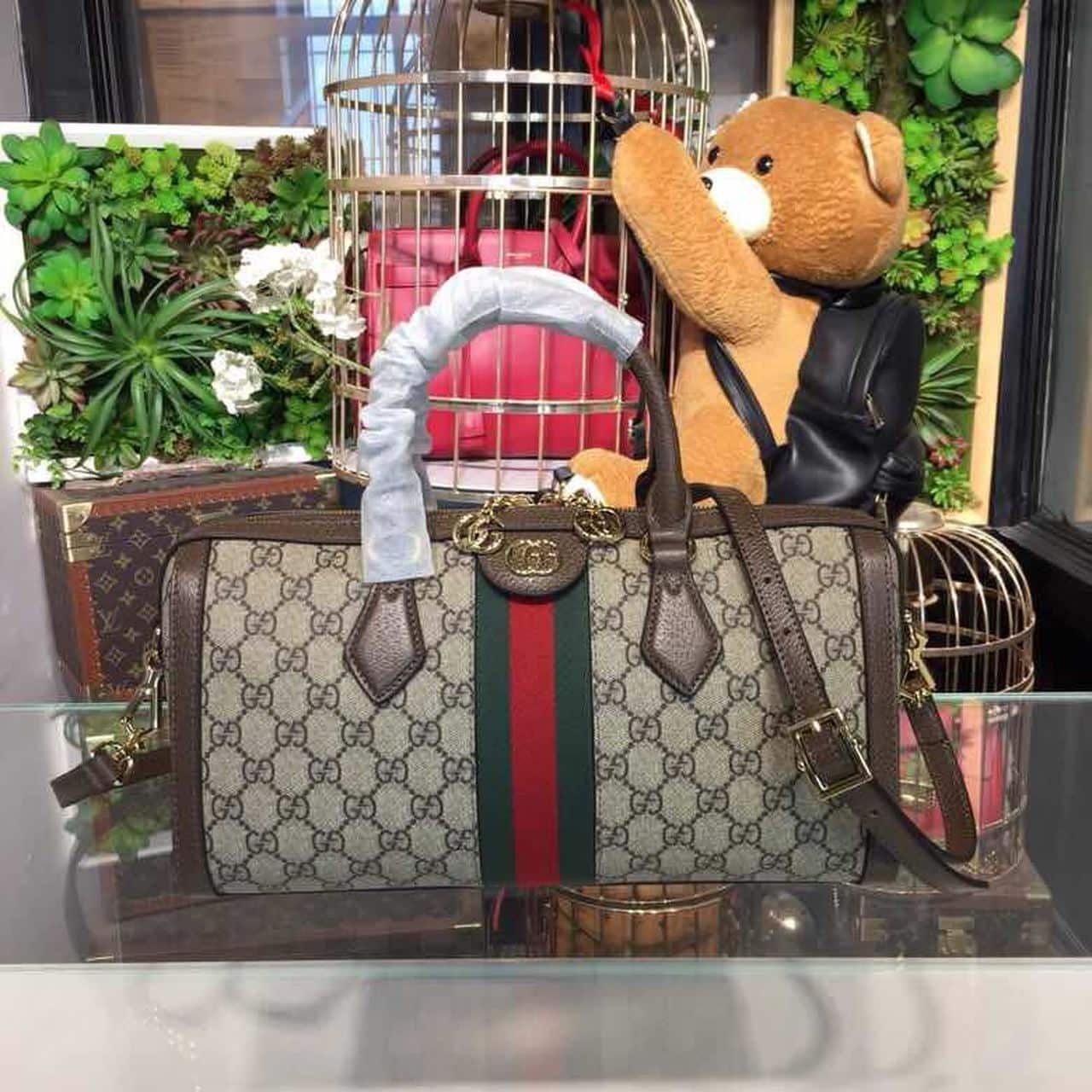 1:1 Replica Gucci Ophidia GG Supreme Medium Top Handle Bag Beige For Women 12.6in/32cm GG 524532