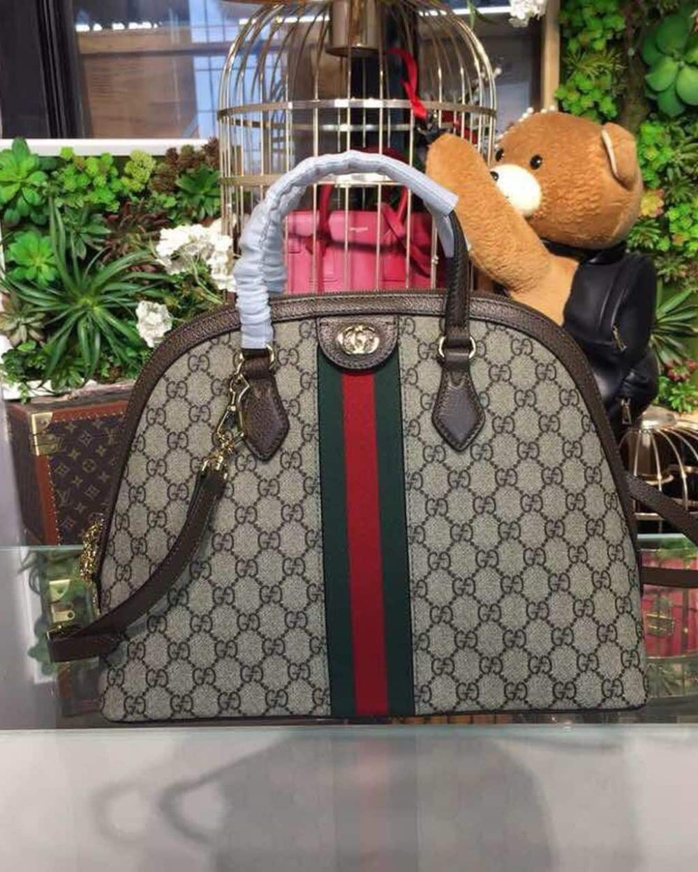 1:1 Replica Gucci Ophidia Medium Shoulder Bag Beige/Ebony GG Supreme Canvas For Women 13in/34cm 524533
