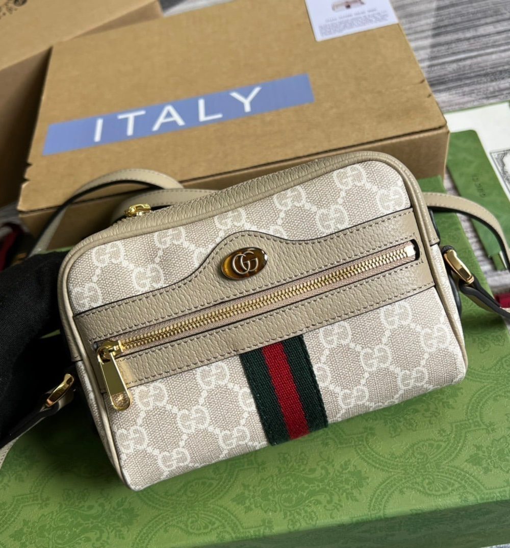 1:1 Replica Gucci Ophidia Mini GG Bag Beige And Ebony GG Supreme Canvas, With Beige For Women 7in/17.5cm GG
