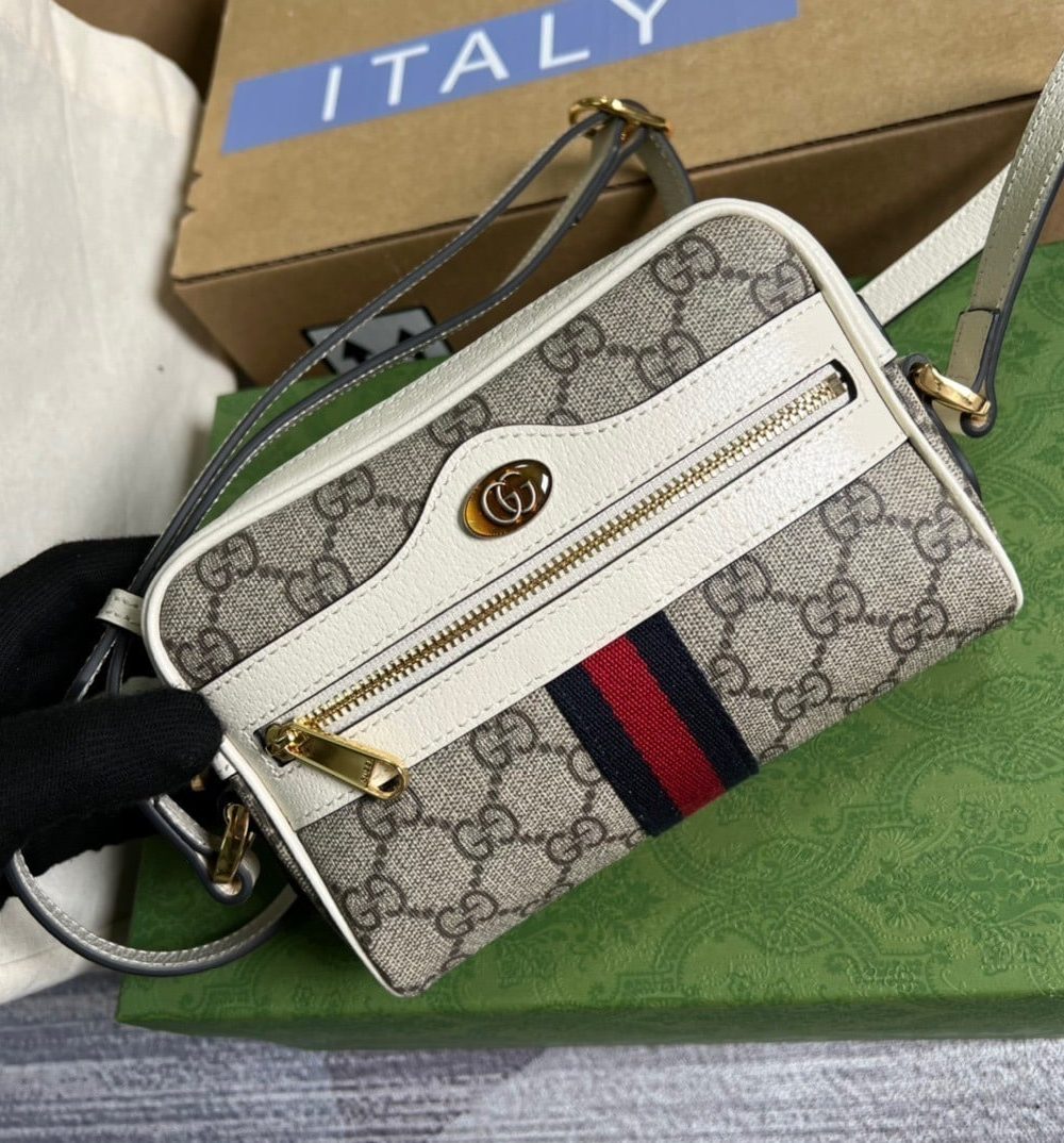1:1 Replica Gucci Ophidia Mini GG Bag Beige And Ebony GG Supreme Canvas, With White For Women 7in/17.5cm GG 517350 96IWS 9794