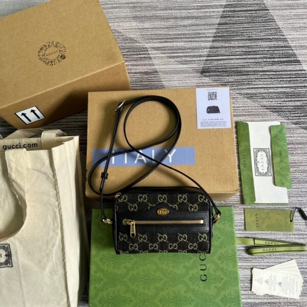 1:1 Replica Gucci Ophidia Mini GG Bag Black And Ivory GG Denim Jacquard For Women  7in/17.5cm GG 517350 UN3BG 1274