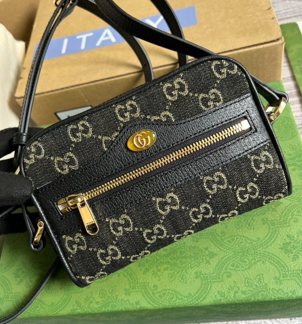 1:1 Replica Gucci Ophidia Mini GG Bag Black And Ivory GG Denim Jacquard For Women  7in/17.5cm GG 517350 UN3BG 1274