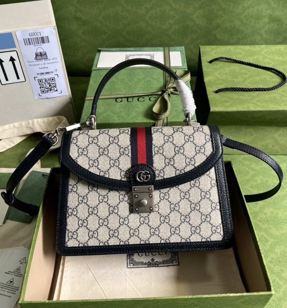 1:1 Replica Gucci Ophidia Small Top Handle Bag Beige And Blue GG Supreme Canvas  For Women 10in/25cm 651055 96IWN 4076