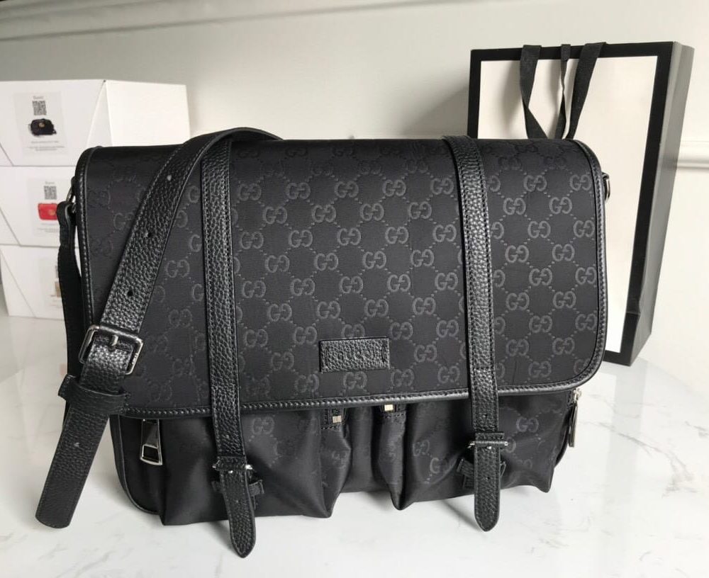 1:1 Replica Gucci Shoulder Bag Nylon Shima Black GG Embossed For Men 13.8in/35cm GG