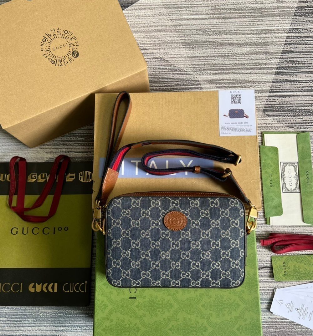 1:1 Replica Gucci Shoulder Bag With Interlocking G Blue And Ivory GG Denim Jacquard For Women  9.6in/24.5cm GG