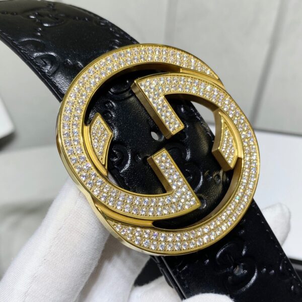 1:1 Replica Gucci Signature Belt With Crystal Interlocking G Buckle Black For Women, Women Belt