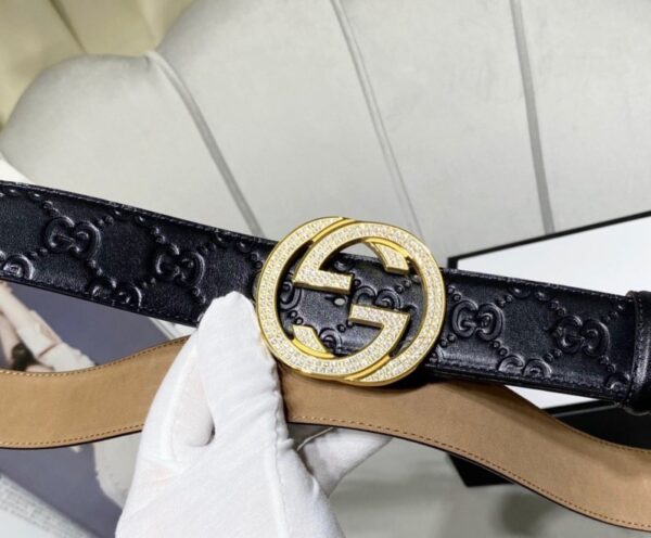 1:1 Replica Gucci Signature Belt With Crystal Interlocking G Buckle Black For Women, Women Belt