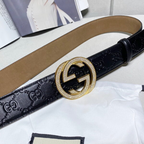 1:1 Replica Gucci Signature Belt With Crystal Interlocking G Buckle Black For Women, Women Belt