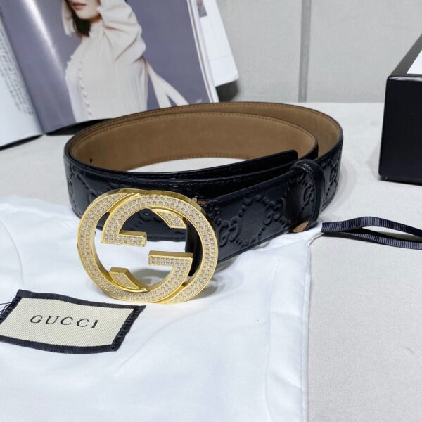 1:1 Replica Gucci Signature Belt With Crystal Interlocking G Buckle Black For Women, Women Belt