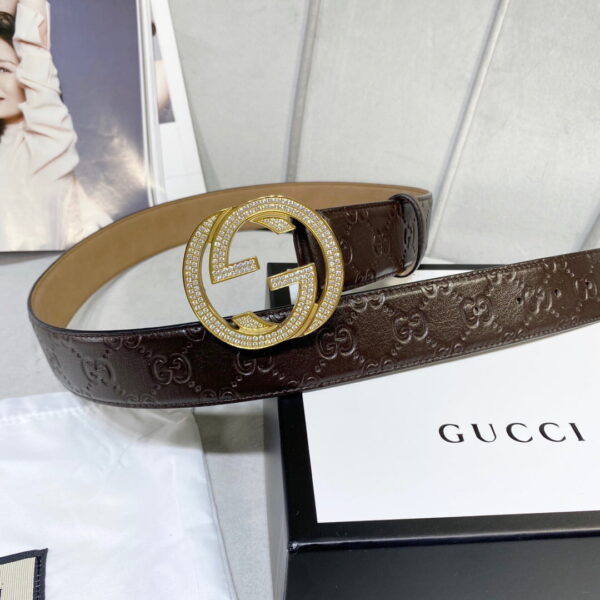 1:1 Replica Gucci Signature Belt With Crystal Interlocking G Buckle Brown For Women, Women Belt