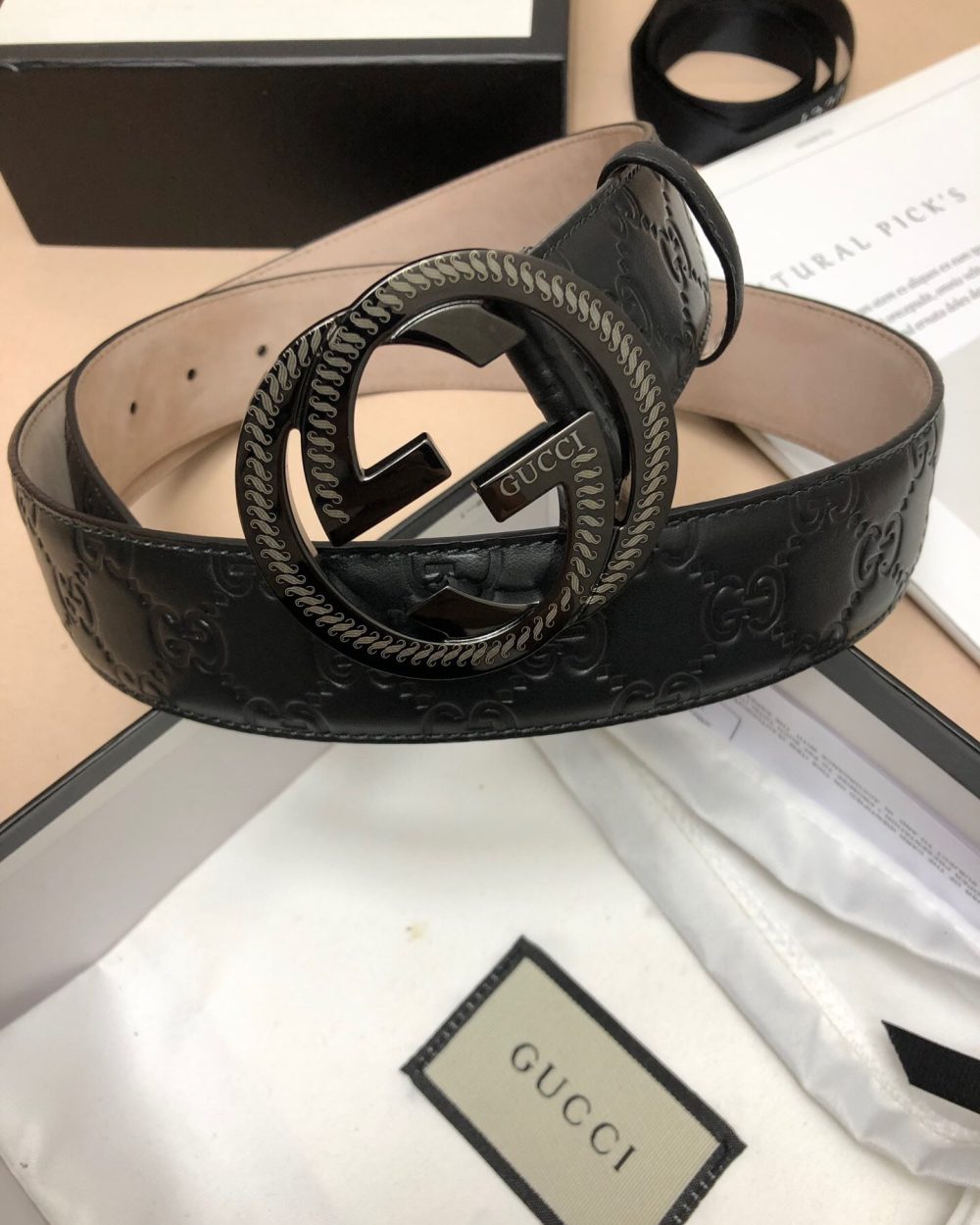 1:1 Replica Gucci Signature Belt With Patterned Interlocking G Buckle Black For Women, Women Belt