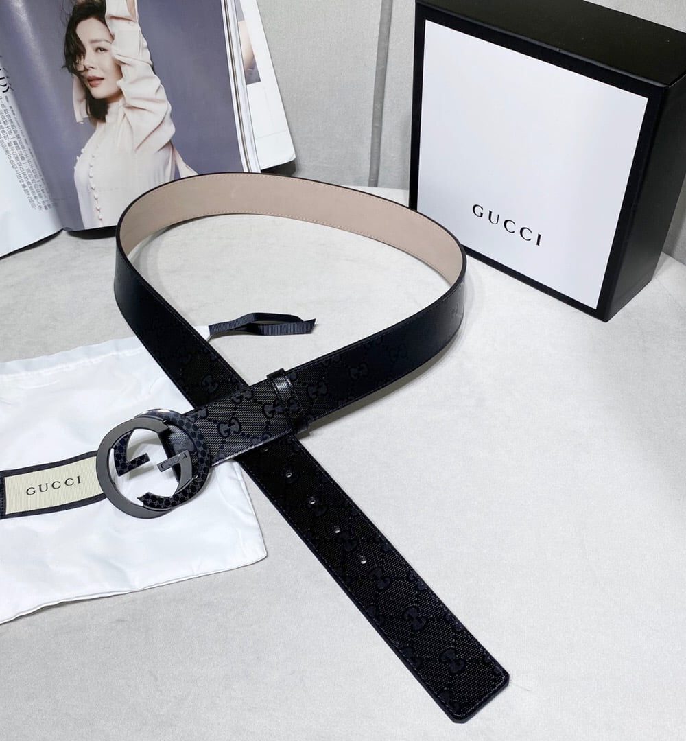 1:1 Replica Gucci Signature Belt With Patterned Interlocking G Buckle Black For Women, Women Belt