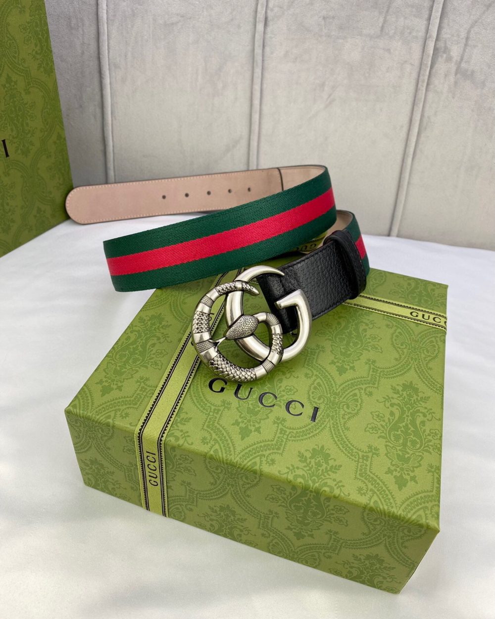 1:1 Replica Gucci Web Belt With Double G Snake Buckle Green/Red Web Fabric And Black For Women, Women Belt
