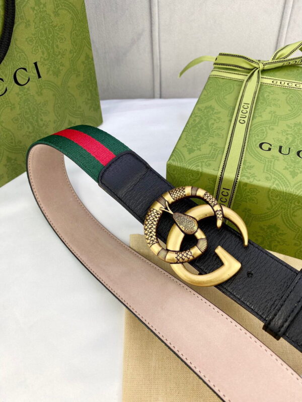 1:1 Replica Gucci Web Belt With Double G Snake Buckle Green/Red Web Fabric And Black For Women, Women Belt