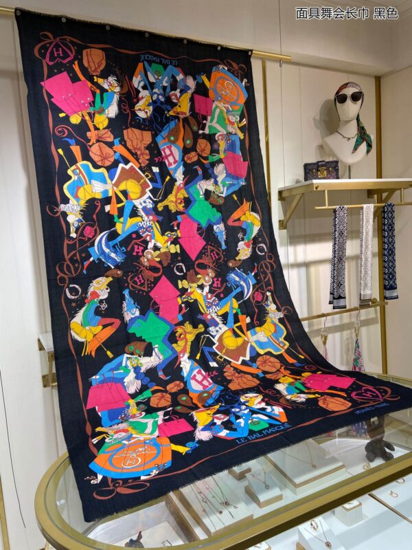 Hermes Cashmere Multicolor in Black Scarf 200cm/79in 