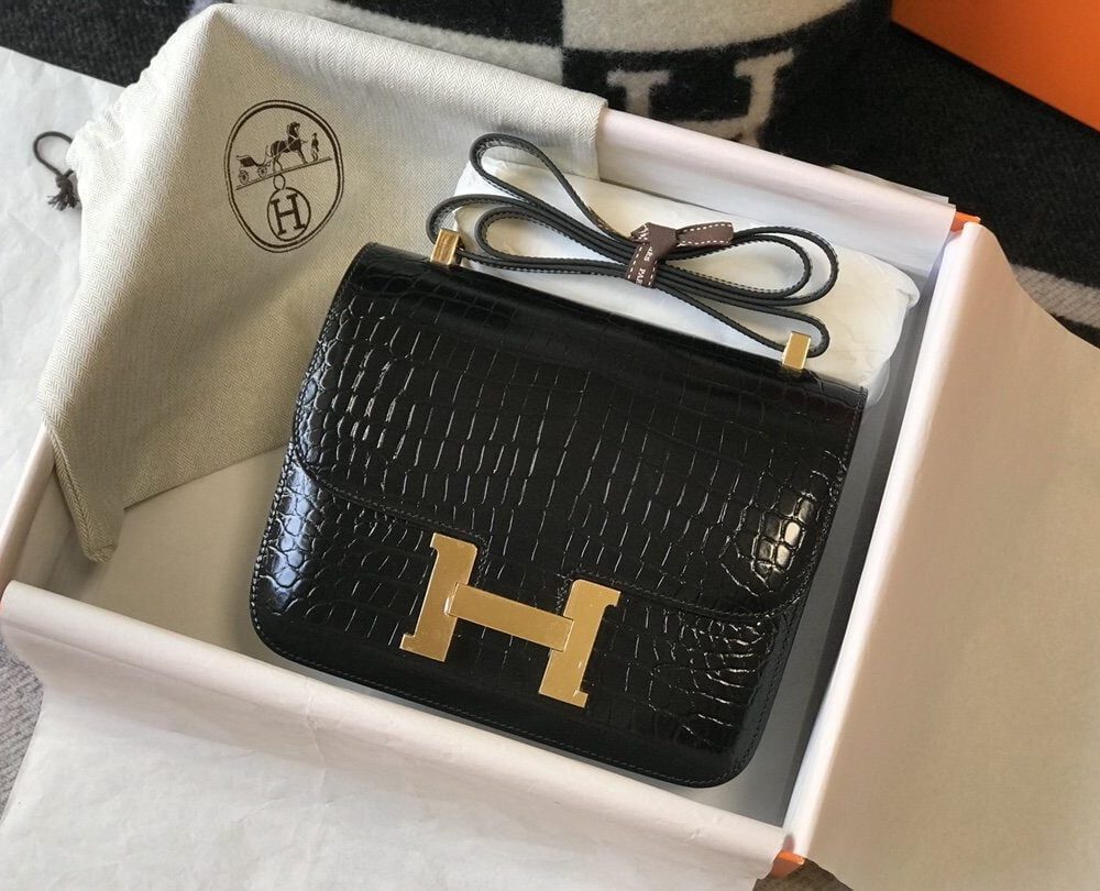 1:1 Replica Hermes Constance 23 Pattern Crocodile Black For Women, Women's Handbags, Shoulder Bag 9in/23cm