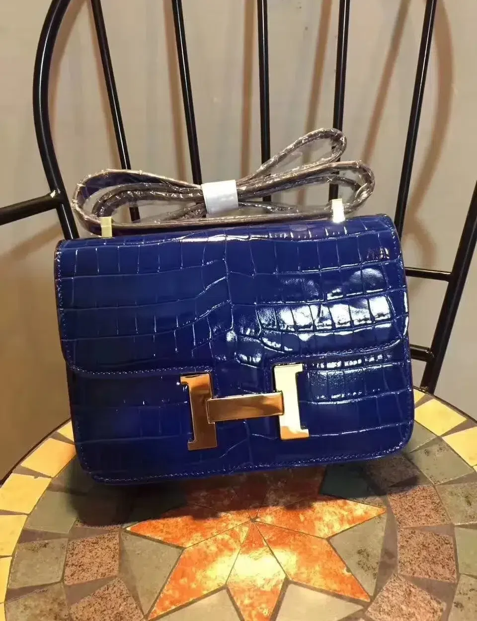 1:1 Replica Hermes Constance 24 Pattern Crocodile Blue For Women, Women's Handbags, Shoulder Bag 9.4in/24cm