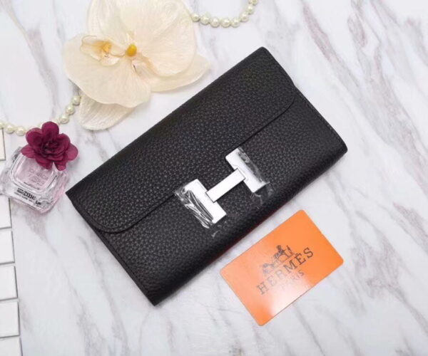 1:1 Replica Hermes Constance Togo Long Wallet 20cm/7.9in Silver Toned Hardware For Women Black