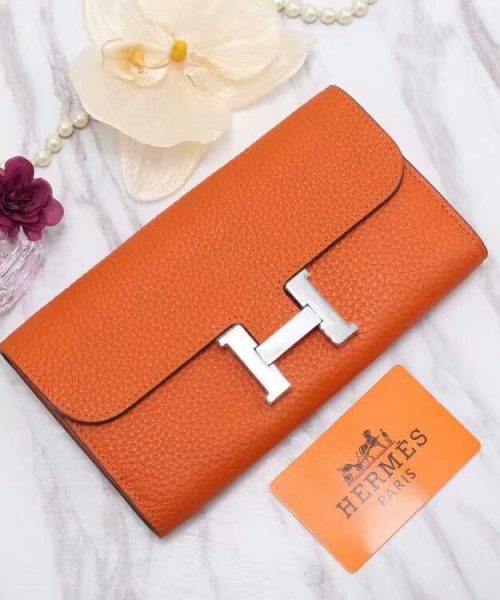 1:1 Replica Hermes Constance Togo Long Wallet 20cm/7.9in Silver Toned Hardware For Women Orange