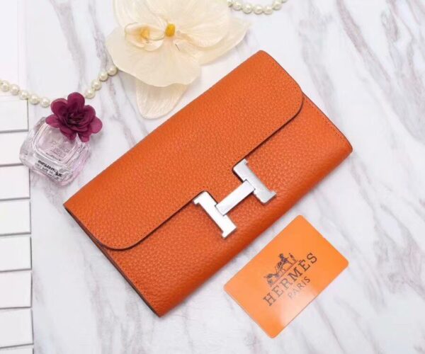 1:1 Replica Hermes Constance Togo Long Wallet 20cm/7.9in Silver Toned Hardware For Women Orange