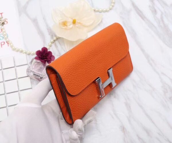 1:1 Replica Hermes Constance Togo Long Wallet 20cm/7.9in Silver Toned Hardware For Women Orange