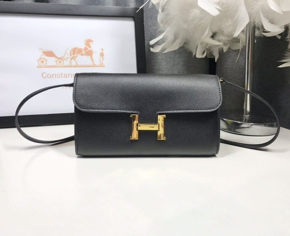 1:1 Replica Hermes Constance Togo Long Wallet  21cm/8.3in Gold Toned Hardware For Women Black