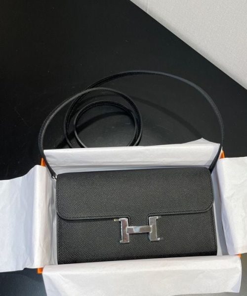 1:1 Replica Hermes Constance Togo Long Wallet  21cm/8.3in Silver Toned Hardware For Women Black