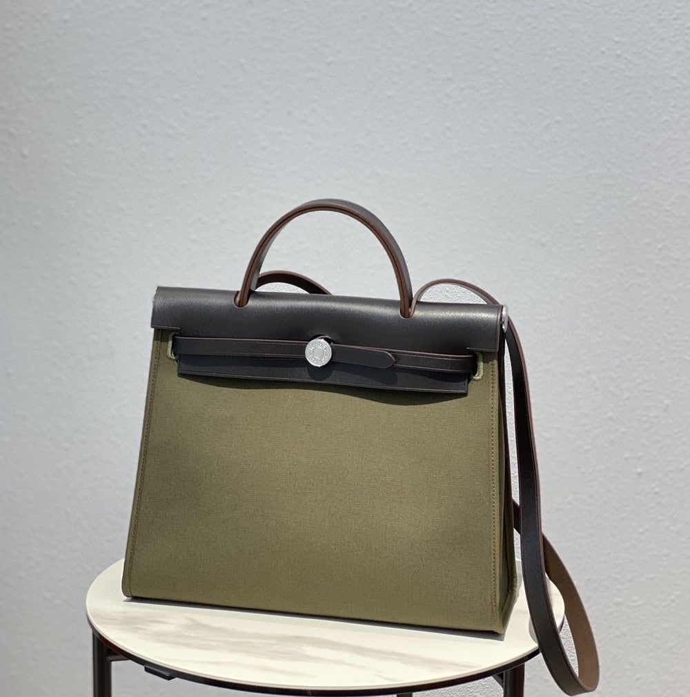 1:1 Replica Hermes Herbag Zip Bag Dark Green Moss, Silver Toned Hardware Bag For Women, Women's Handbags, Shoulder Bags 12.2in/31cm