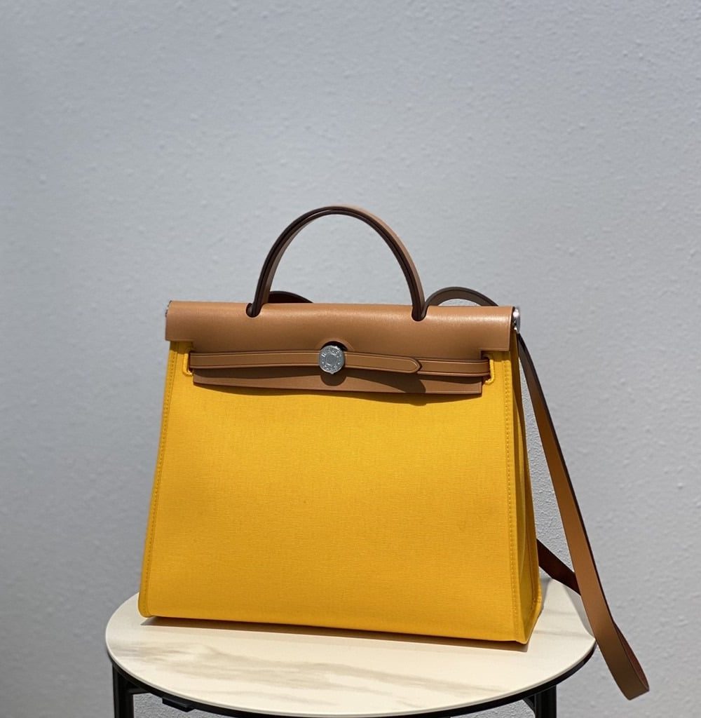 1:1 Replica Hermes Herbag Zip Bag Yellow, Silver Toned Hardware Bag For Women, Women's Handbags, Shoulder Bags 12.2in/31cm