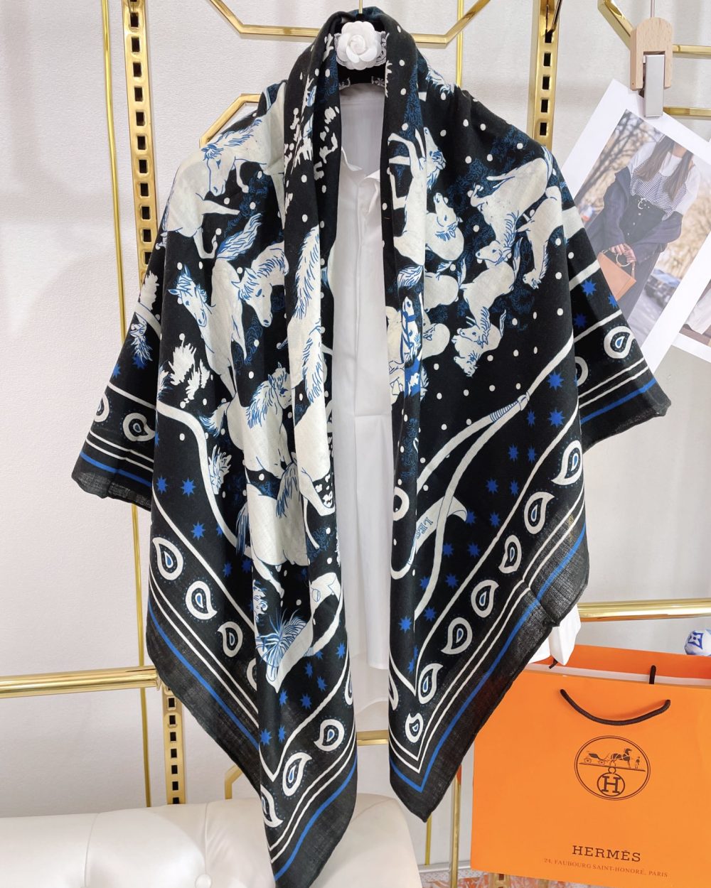 Hermes Horse Printed Patterns Square in Black Scarf 140cm/55in