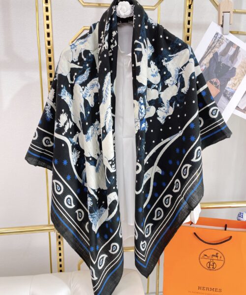 Hermes Horse Printed Patterns Square in Black Scarf 140cm/55in